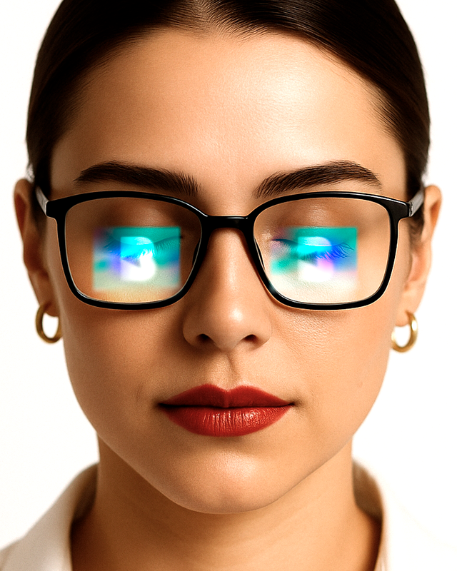 cara de una mujer con lentes de los cuales se refleja el isotipo de blink