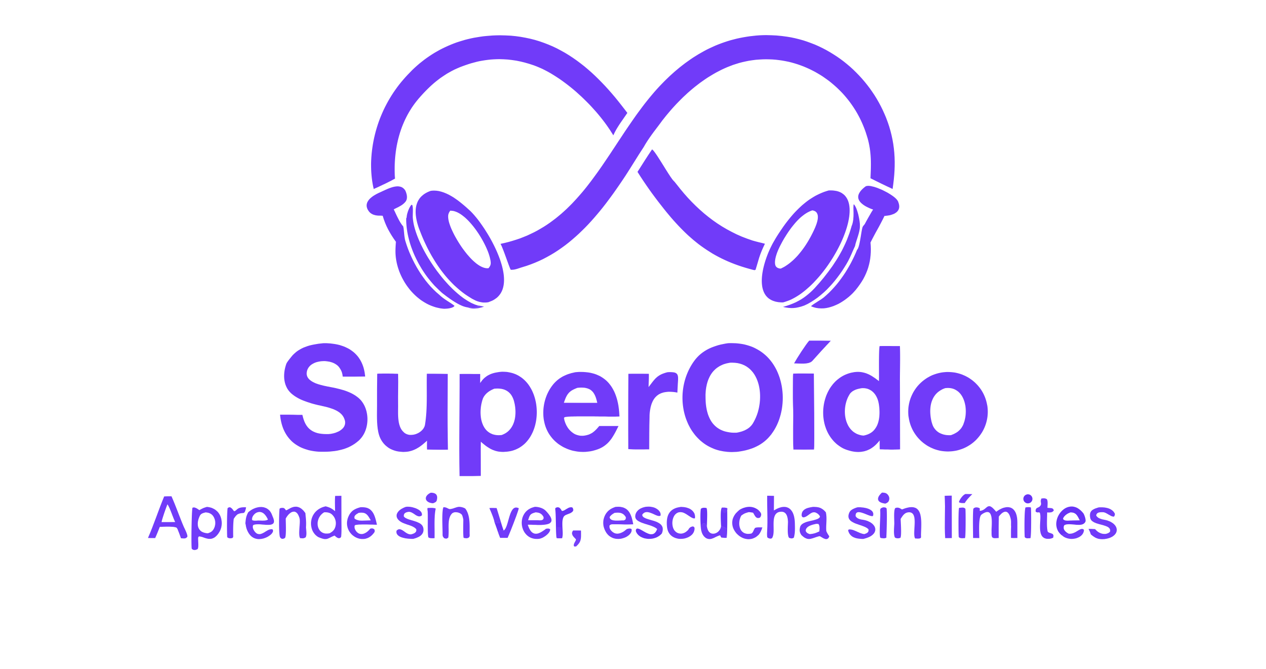 unos audífonos morados unidos por una banda que forma el símbolo de infinito. Debajo, el nombre "SuperOído" y el eslogan "Aprende sin ver, escucha sin límites".
